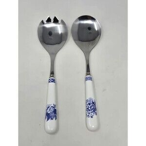 VINTAGE SPODE ITALIAN SALAD SERVERS WHITE BLUE FLORAL STAINLESS & PORCELAIN SET